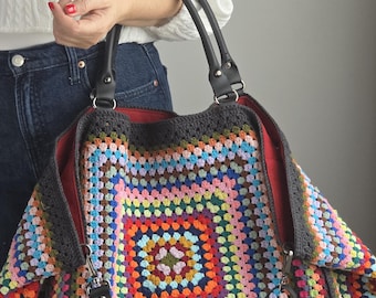 Anthracite XXL Colorful Vintage Weekend Crochet Tote Bag with Colorful Granny Stitch Design ,Huge Crochet Duffle bag,