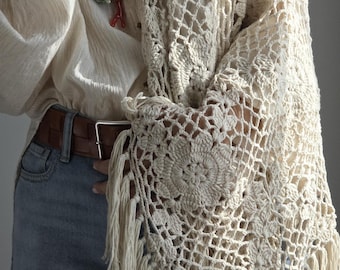Crochet Fringe Shawl, Handmade Boho Wrap in Natural Cream, Oversized Lace Poncho, Lightweight Cotton Shawl, Festival Bridal Cover Up