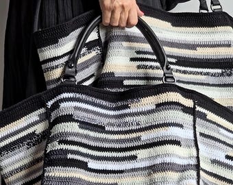 Black Crochet Weekender Bag – Large- Medium Size Travel Tote – Handmade Stripe Duffle – Boho Oversized Crochet Bag pre-order
