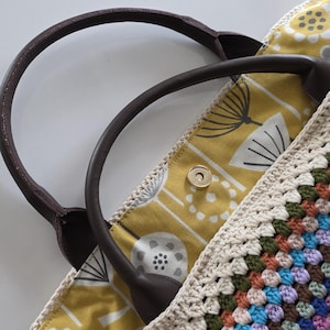 Crochet Weekender Bag, Handmade Travel Tote, Large Crochet Bag with Leather Straps, Overnight Boho Bag Brown short handle
