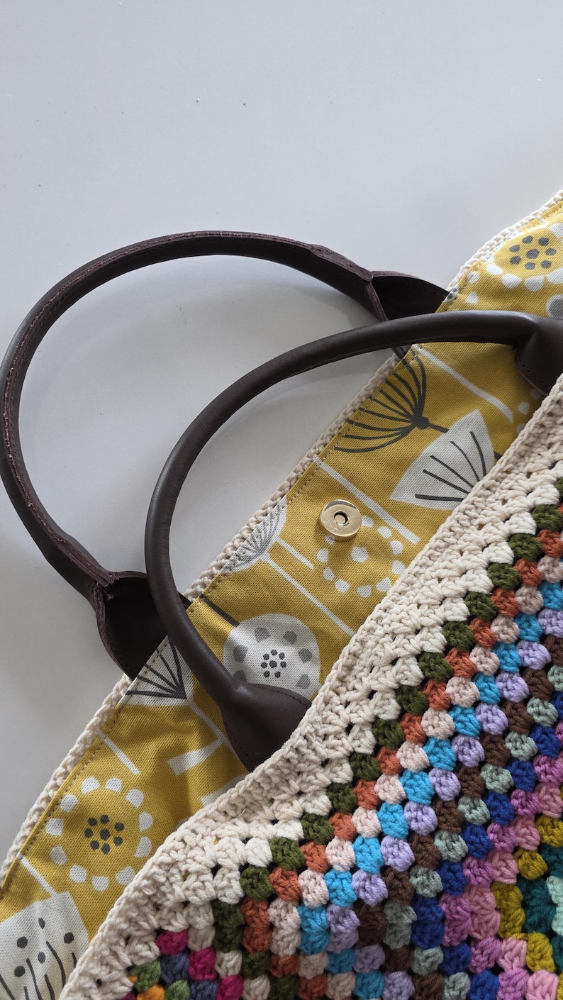 Crochet Weekender Bag, Handmade Travel Tote, Large Crochet Bag with Leather Straps, Overnight Boho Bag Brown short handle