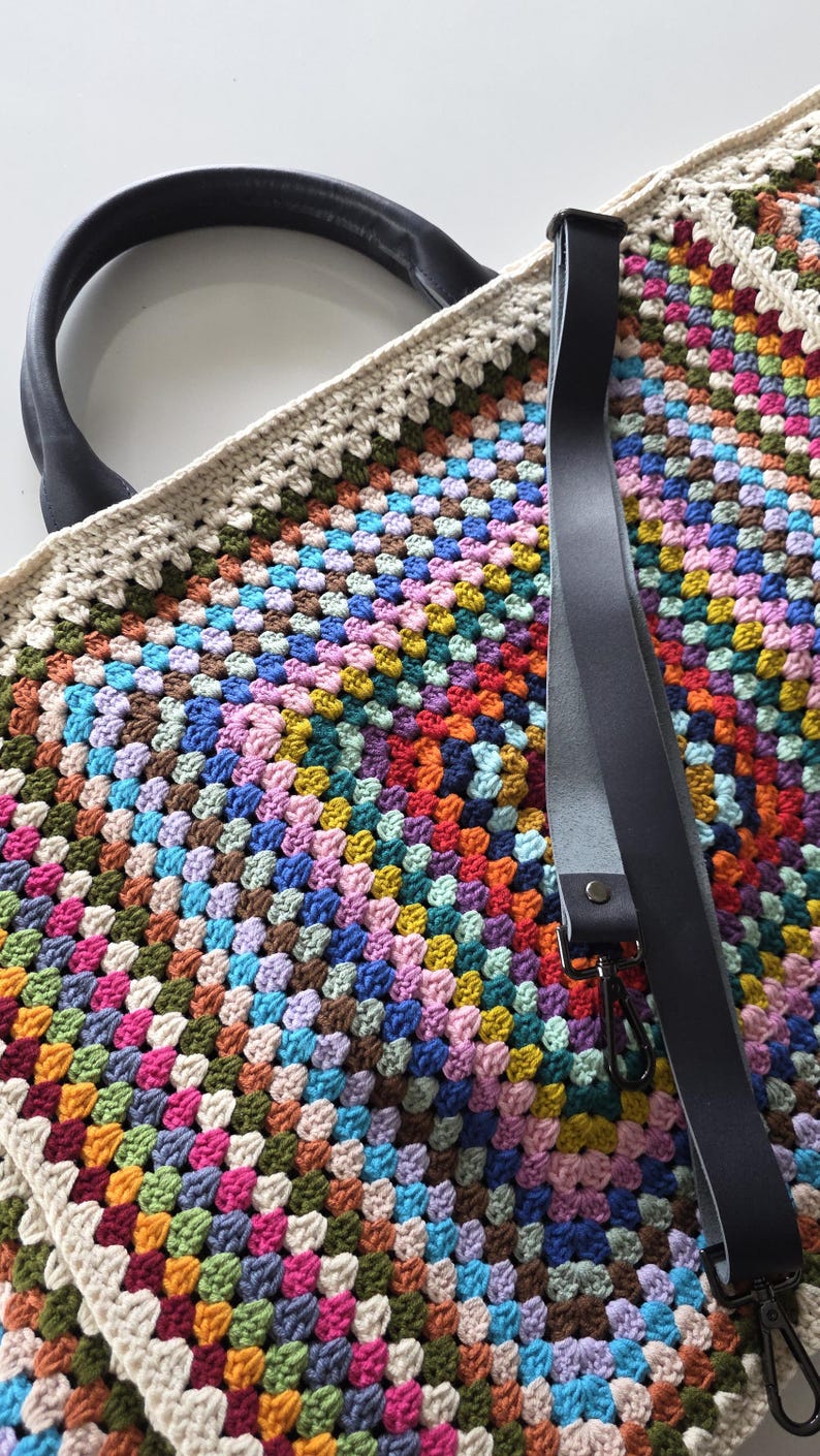 Crochet Weekender Bag, Handmade Travel Tote, Large Crochet Bag with Leather Straps, Overnight Boho Bag image 13