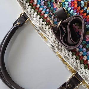 Crochet Weekender Bag, Handmade Travel Tote, Large Crochet Bag with Leather Straps, Overnight Boho Bag Brown for Shoulder
