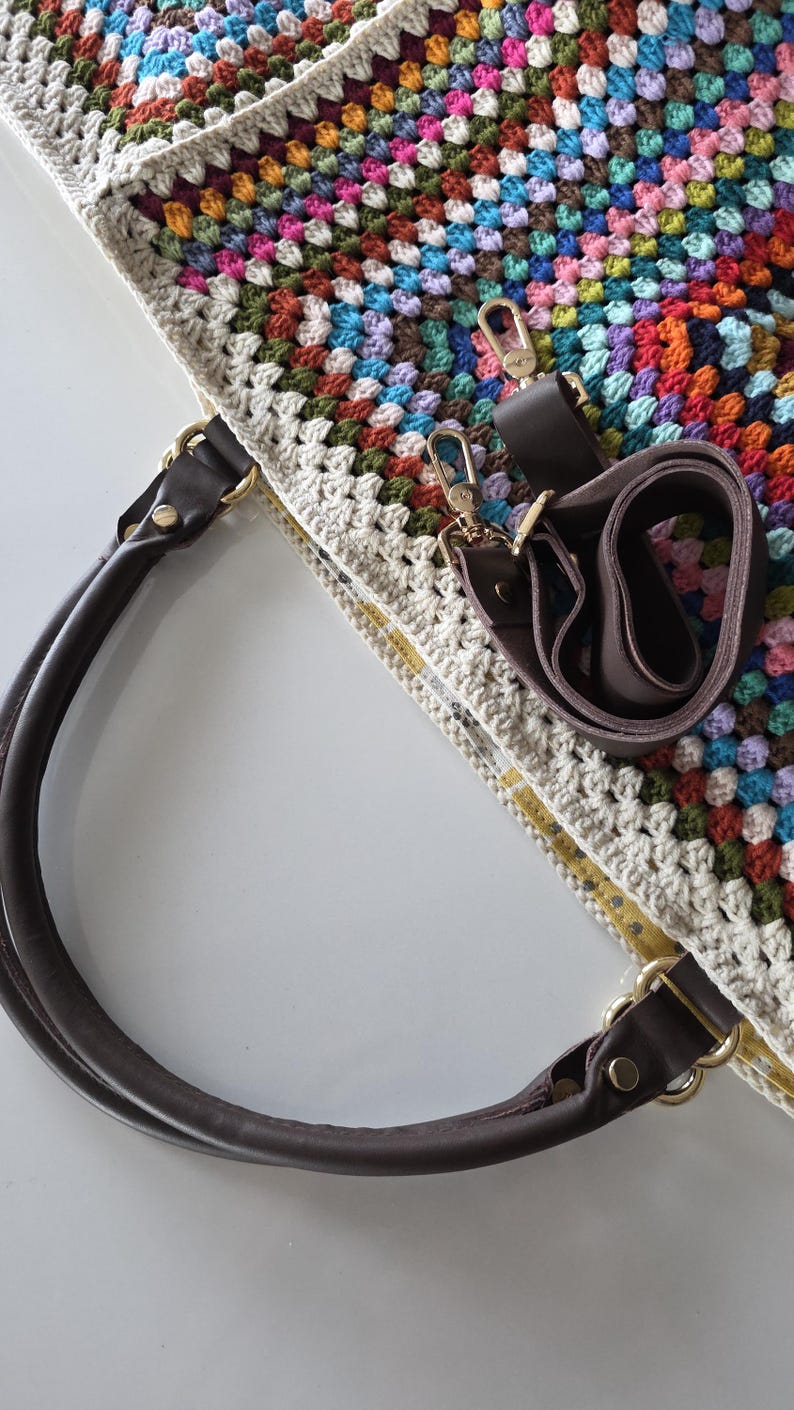 Crochet Weekender Bag, Handmade Travel Tote, Large Crochet Bag with Leather Straps, Overnight Boho Bag Brown for Shoulder