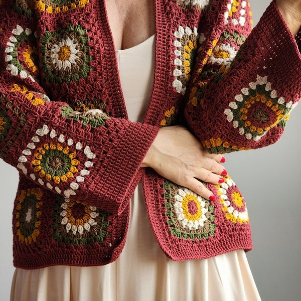 Unique Rust red base Colorful Crochet Granny Square four season Cardigan in Vintage Style, one size