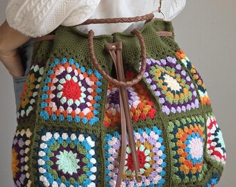 Handmade Crochet Granny Square Tote Bag with Drawstring & Magnetic Clip | Green Boho Crochet Shoulder Bag