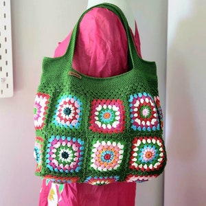 Green Based Colorful Crochet Granny Square Shoulder Bag,market Bag in ...