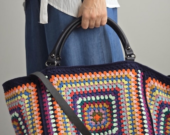 Medium Weekender,Colorful Vintage Weekend Crochet Tote Bag with Colorful Granny Stitch Design ,Huge Crochet Duffle bag,