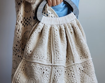 Handmade Crochet Tote Bag with Wooden Handles - Lined Interior