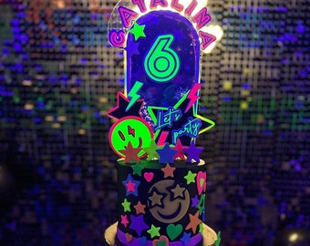 Glow Party Cake Topper, Neon Birthday Cake Topper, Gepersonaliseerde Cake Topper 3D, UV Reflecterende Cake Topper, Neon Party Gunsten