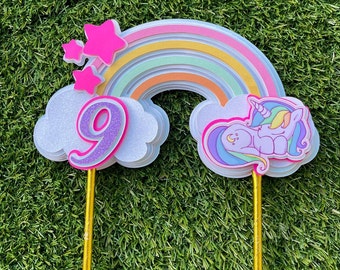 Rainbow and Unicorn Cake Topper with Age, Personalized Cake Topper, Birthday Party, Magical Rainbow Birthday, Unicorn Birthday