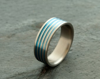 Titanium ring with anodized inlays - blue lines modern wedding band - handmade jewelry