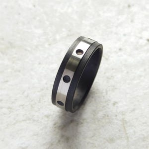 Mens titanium ring for gift - wedding band with a distinctive burned effect - black titanium modern ring with dots