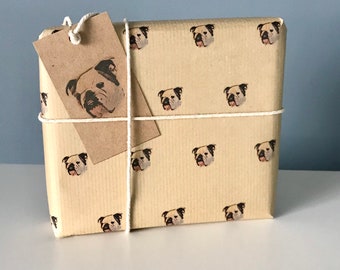 Bulldog Wrapping Paper, A3 Sheet, Gift Tag (X2) and Decorative Cotton Twine, Any Occasion Gift Wrap