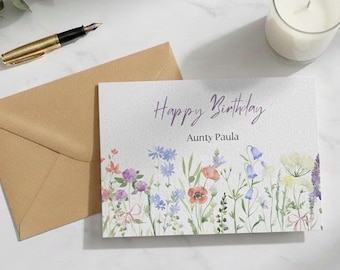 Carte d'anniversaire personnalisée, fleurs botaniques aquarelles, sceau de cire doré
