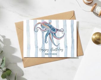 Carte d'anniversaire personnalisée pour tonton : motif nautique aquarelle de pieuvre