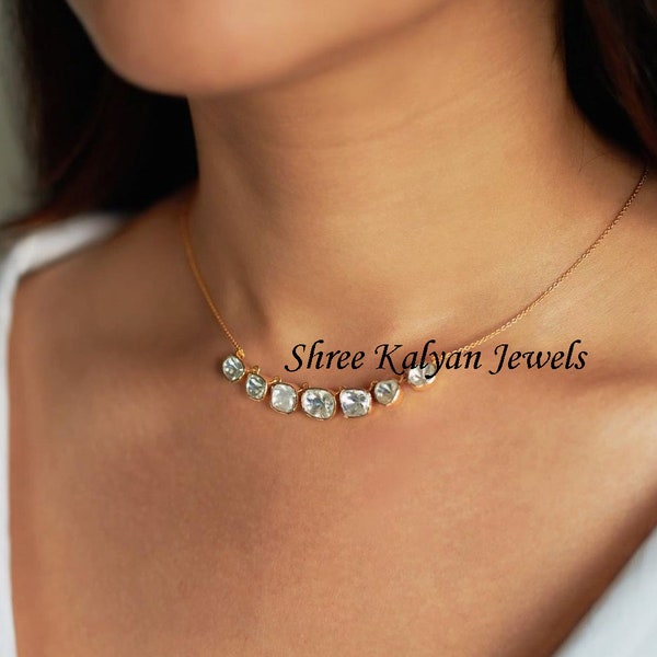 Diamond Polki Necklace Natural UnCut Diamond Polki & 925 Sterling Silver Necklace   Diamond Polki Necklace Jewelry