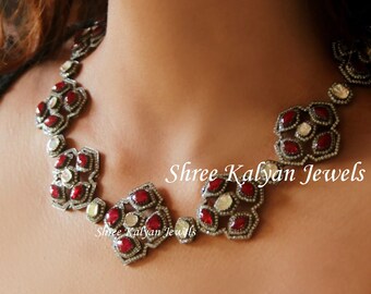 Collier Vintage En Argent 925 Avec Rubis Naturel Et Diamant Polki - 22 Pouces - Bijou Femme