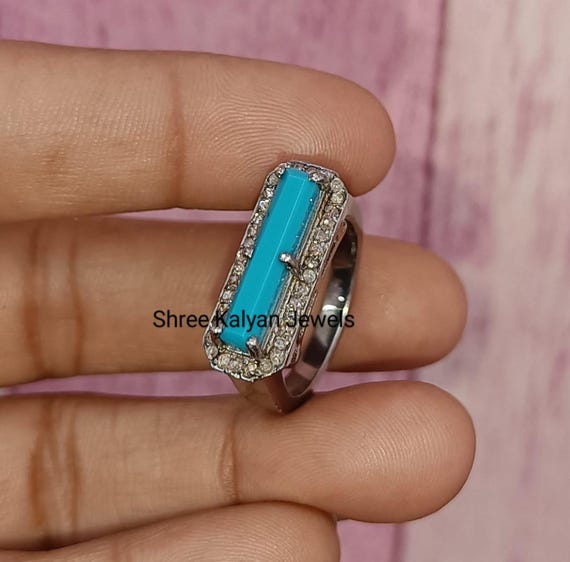 Turquoise Bar Ring: Diamond Polki, 925 Sterling Silver Band