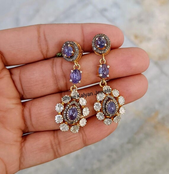 Natural Tanzanite Earrings, Natural Diamond Earrings, Natural