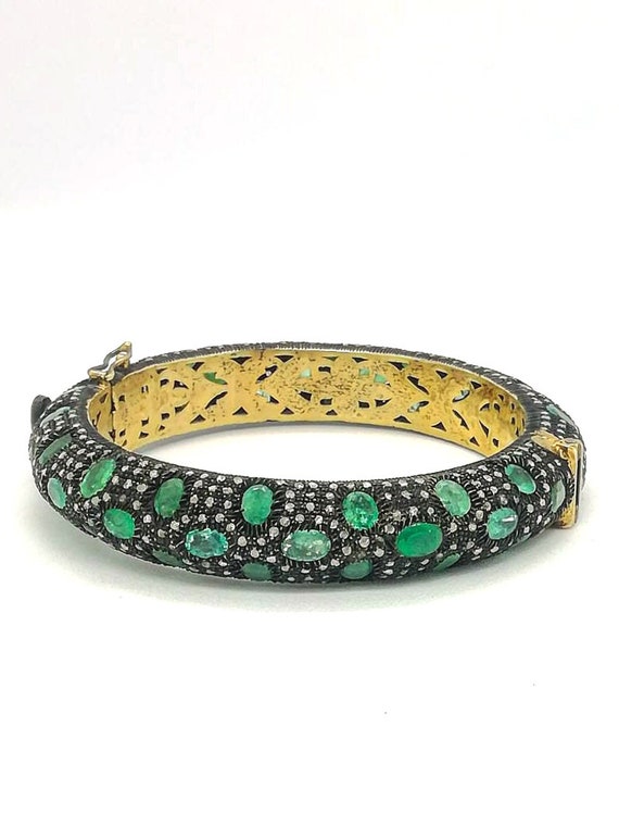 Emerald Bangle Bracelet Jewelry Emerald Bangle Bracelet Natural Diamond Emerald 925 Sterling Silver Bracelet Victorian Bracelet Jewelry