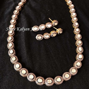 Diamond Polki Necklace, Polki Necklace, Natural Rose Cut Diamond & UnCut Diamond Polki 925 Sterling Silver Diamond Necklace With Earrings