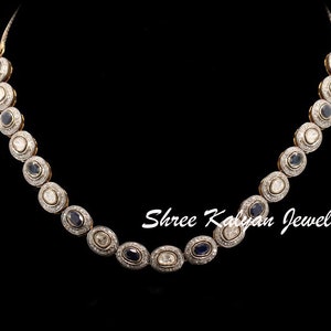 Sapphire Necklace, Natural Diamond Polki Necklace, Diamond Polki Sapphire 925 Sterling Silver Necklace  Un-Cut Diamond Polki Necklace
