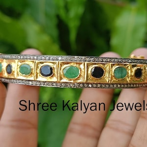 Natural Emerald Bangle, Natural Diamond & 925 Sterling Silver Bangle Jewelry, Handmade Jewelry