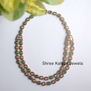 Diamond Polki Necklace Emerald Necklace Natural Diamond & Diamond Polki Emerald 925 Sterling Silver  Fine  Necklace Jewelry