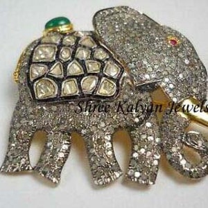 Diamond Brooch, Elephant Brooch, Diamond Polki Brooch, Natural Diamond Polki & Diamond , Emerald ,Ruby 925 Sterling Silver Elephant Brooches