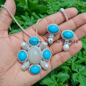 Turquoise Necklace , Pearl Necklace , Moonstone Necklace with Earrings, Turquoise & Pearl 925 Sterling Silver Necklace Jewelry