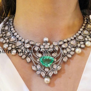 Diamond Polki Necklace Natural Pave Diamond & Diamond Polki, Hydro Emerald 925 Sterling Silver  Fine Wedding Necklace Jewellery