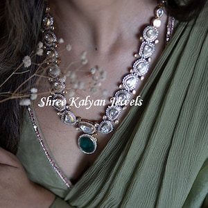 Diamond Polki Necklace Natural Pave Diamond & Diamond Polki, Emerald 925 Sterling Silver  Fine Diamond Necklace Jewellery