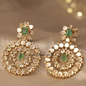 Natural Diamond Polki Earrings Natural Emerald & 925 Sterling Silver Earrings Diamond Drop And Dangle Earrings Jewelry Emerald Earrings