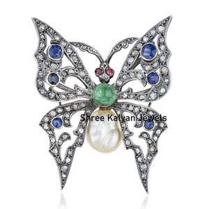 Diamond Brooch, Butterfly Brooch, Emerald Brooch, Natural Diamond & Emerald 925 Sterling Silver Diamond Brooch Jewelry Gift For Her