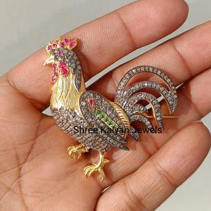 Natural Diamond Brooch, Hen Shape Brooch, Emerald Brooch, Natural Diamond & Emerald 925 Sterling Silver Diamond Brooch Jewelry
