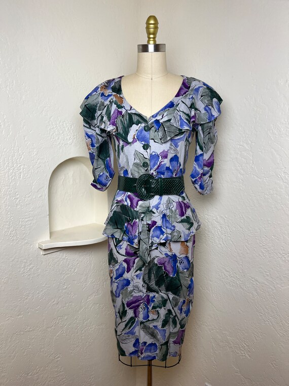 Vintage 1980s 1990s Floral Ruffle Peplum Dress / S