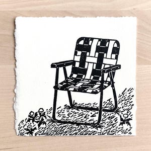 Lawn Chair Original Linocut Relief Print on Paper, Miniature Wall Art with Cottagecore Aesthetic, 4 x 4 inches Unframed