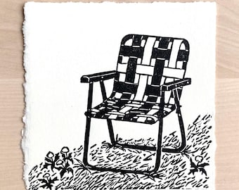 Lawn Chair Original Linocut Relief Print on Paper, Miniature Wall Art with Cottagecore Aesthetic, 4 x 4 inches Unframed