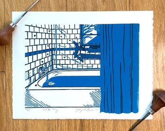 It'll Be Okay Linocut Relief Print, Original Artwork in Blue of a Tiled Bathtub, Wall Art for Bathroom or Home Decor