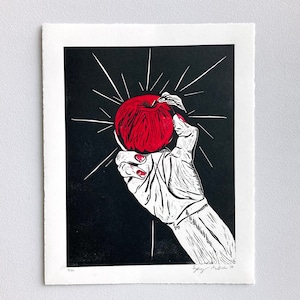 Eve Holding an Apple Linocut Relief Print, Handmade Art on Paper, Unframed