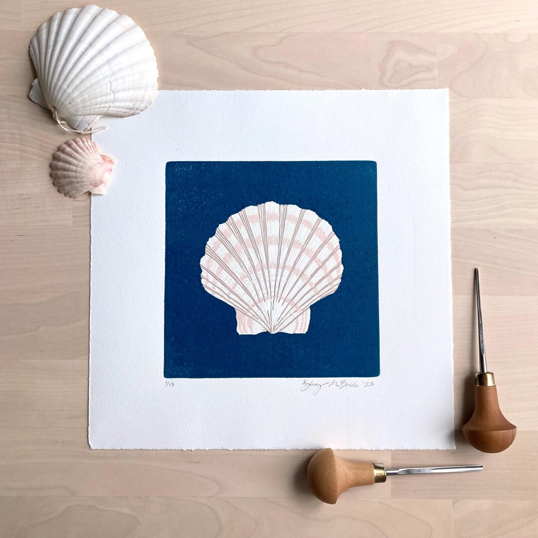 Linocut Conch Shell Scallop Shell Linocut Relief Print, 10 by 10 Inches Unframed, Original ...