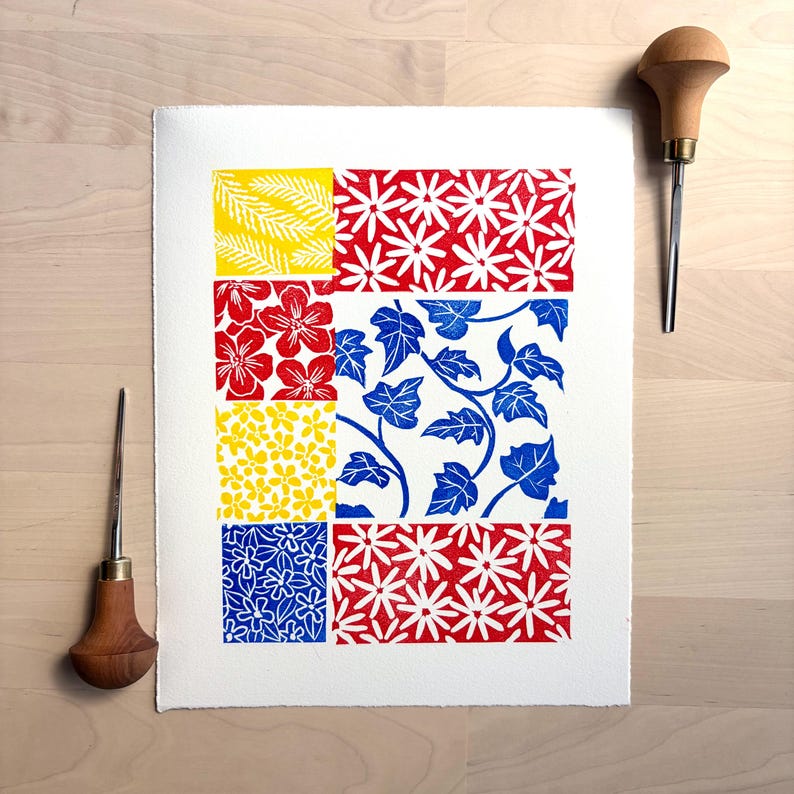 Patchwork Linocut Patchwork Pattern Block Print on Paper, 8 X 10 Original Linocut Art in ...