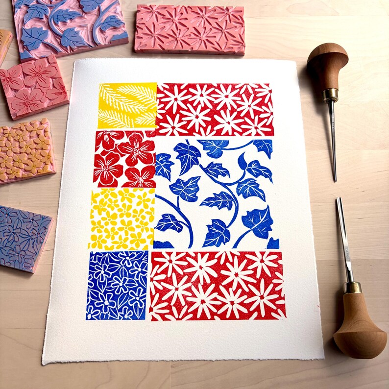 Leaf Pattern Linoleum Patchwork Pattern Block Print on Paper, 8 X 10 Original Linocut Art in ...