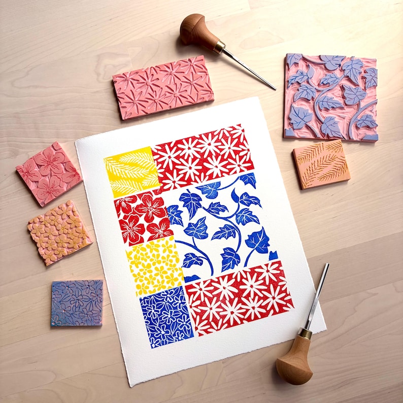Patchwork Linocut Patchwork Pattern Block Print on Paper, 8 X 10 Original Linocut Art in ...