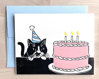 Tuxedo Cat Birthday Card: Handmade Linocut Block Print on Size A2 Card with Envelope Included, Blank Inside