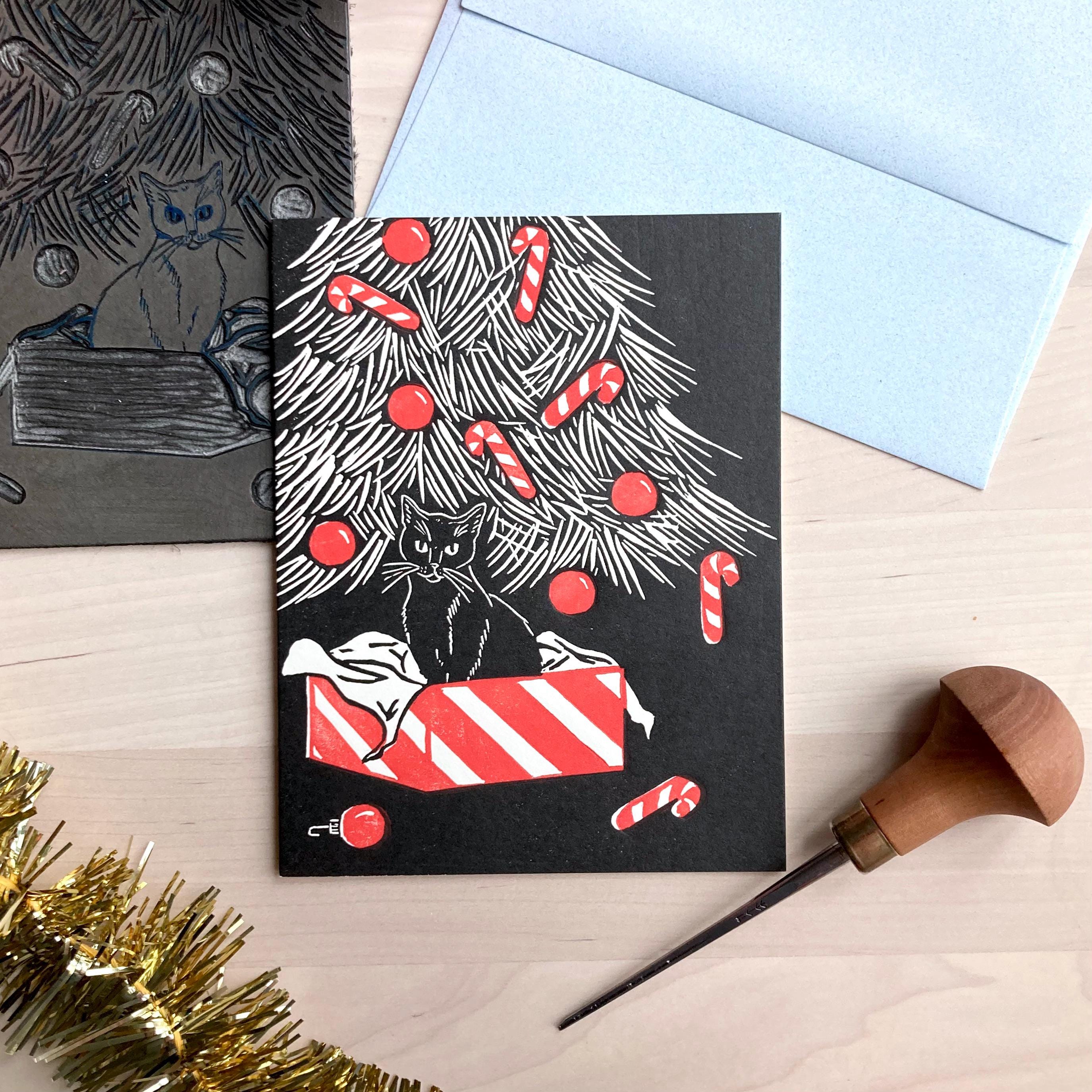 Cat and Christmas Tree Holiday Card, Handmade Block Printed Christmas ...