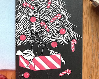 Cat and Christmas Tree Holiday Card, Handmade Block Printed Christmas Card, Size A2, Blank Inside with Envelope Included