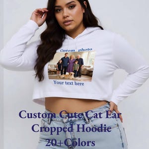 Custom Photo Short Top Sweatshirt, Personalized Girlfriend Cute Cat Ear Cropped Hoodie, Vintage Custom Face Sweatshirt, Custom Image Outfit