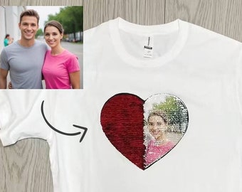 T-shirt personnalisé à paillettes pour la Saint-Valentin, cadeau pour petite amie, chemise pour la Saint-Valentin, paillettes en forme de coeur avec chemise photo, cadeau d'anniversaire